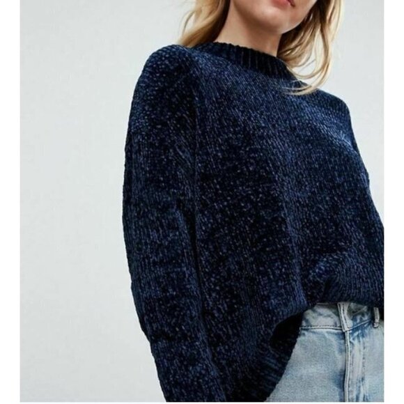Pull & Bear Womens Size 4 Blue Chenille Sweater Jumper Slouchy Chunky Boho - Picture 1 of 6